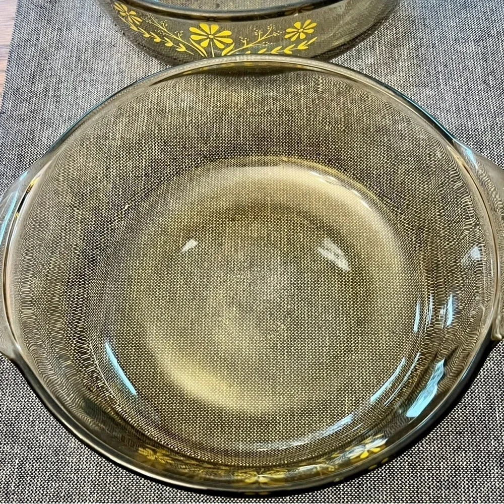 Vintage Set 3 Glass bake Jeanette Amber  Yellow Daisy Ovenware